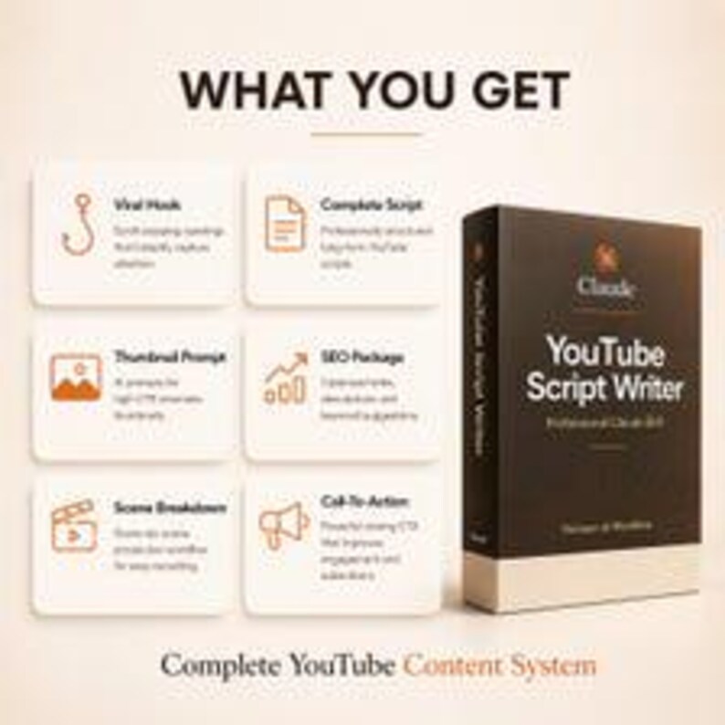 May include: A digital product box labeled YouTube Script Writer with a list of features including Viral Hook, Complete Script, Thumbnail Prompt, SEO Package, Scene Breakdown, and Call-To-Action. The text reads What You Get and Complete YouTube Content System.