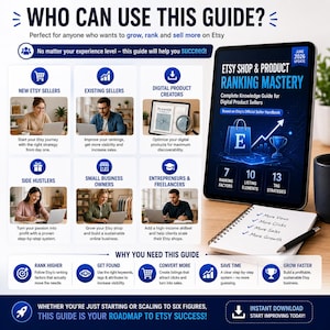Op de afbeelding: Een informatieve infographic getiteld Who Can Use This Guide met een tablet waarop Etsy Shop & Product Ranking Mastery staat, een notitieblok met een checklist en zes panelen met diverse mensen die laptops gebruiken voor werk.