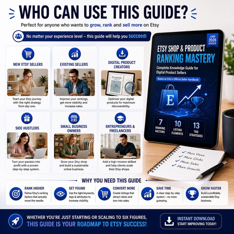 Op de afbeelding: Een informatieve infographic getiteld Who Can Use This Guide met een tablet waarop Etsy Shop & Product Ranking Mastery staat, een notitieblok met een checklist en zes panelen met diverse mensen die laptops gebruiken voor werk.