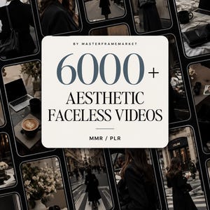Puede incluir: Una pantalla de producto digital con un cuadrado blanco central con el texto BY MASTERFRAMEMARKET 6000+ AESTHETIC FACELESS VIDEOS MMR / PLR, rodeado por una cuadrícula de imágenes de estilo de vida en tonos oscuros que muestran calles, café e interiores.