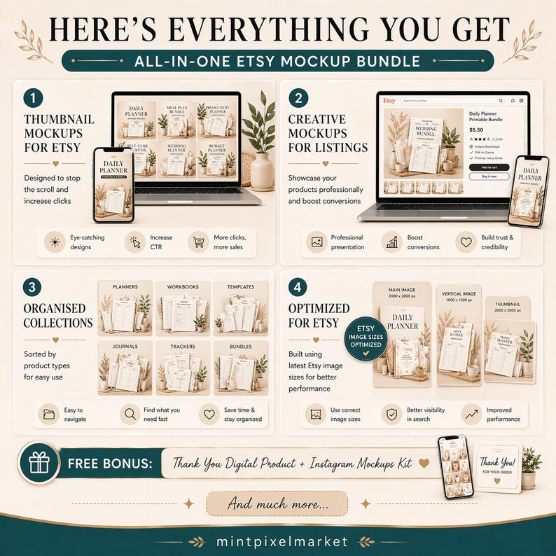 May include: An Etsy mockup bundle graphic with the text "HERE'S EVERYTHING YOU GET." The image showcases mockups for thumbnails, creative listings, organized collections, and optimized Etsy sizes. Includes a free bonus digital product and Instagram mockups kit.