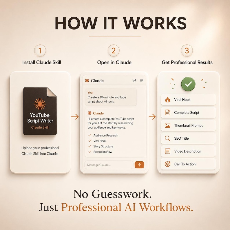 May include: A three-step infographic titled HOW IT WORKS showing the process of using a YouTube Script Writer Claude Skill. It displays installing the skill, opening it in the Claude interface, and receiving professional results like a viral hook, script, and SEO title. The text reads No Guesswork. Just Professional AI Workflows.