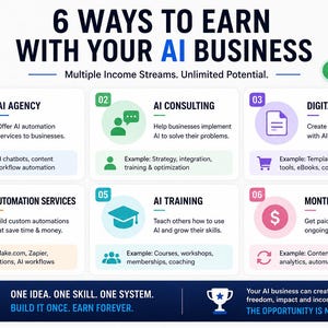 Op de afbeelding: Een infographic getiteld 6 Ways to Earn with Your AI Business, met zes genummerde secties die AI-bureau, consultancy, digitale producten, automatiseringsdiensten, training en maandelijkse retiners beschrijven met iconen en tekst.