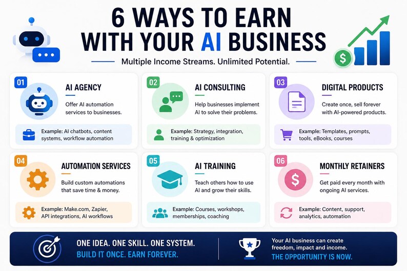 Op de afbeelding: Een infographic getiteld 6 Ways to Earn with Your AI Business, met zes genummerde secties die AI-bureau, consultancy, digitale producten, automatiseringsdiensten, training en maandelijkse retiners beschrijven met iconen en tekst.