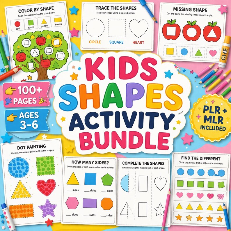 May include: A kids shapes activity bundle featuring over 100 pages for ages 3-6. The collection includes worksheets for color by shape, tracing, missing shapes, dot painting, counting sides, completing shapes, and finding the different shape in a row.