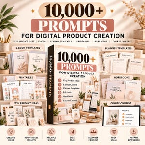 Może przedstawiać: Cyfrowy pakiet produktów zatytułowany 10,000+ Prompts for Digital Product Creation, zawierający szablony e-booków, planerów, materiałów do druku i zeszytów ćwiczeń. Obraz zawiera etykiety kategorii oraz ikony przedstawiające kreatywne pomysły i pobieranie.