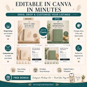 May include: An advertisement for digital product templates. The image shows a before-and-after comparison of journal mockups, with text that reads "Editable in Canva in Minutes." It also includes Etsy listing mockups and a free bonus of Instagram mockups.
