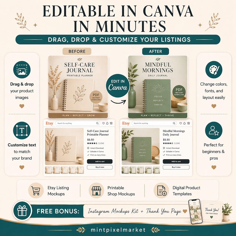 May include: An advertisement for digital product templates. The image shows a before-and-after comparison of journal mockups, with text that reads "Editable in Canva in Minutes." It also includes Etsy listing mockups and a free bonus of Instagram mockups.