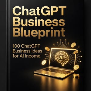 May include: A black book titled ChatGPT Business Blueprint 100 ChatGPT Business Ideas for AI Income. The cover features a gold laptop graphic with a glowing brain icon and circuit lines, surrounded by floating gold coins on a dark background.
