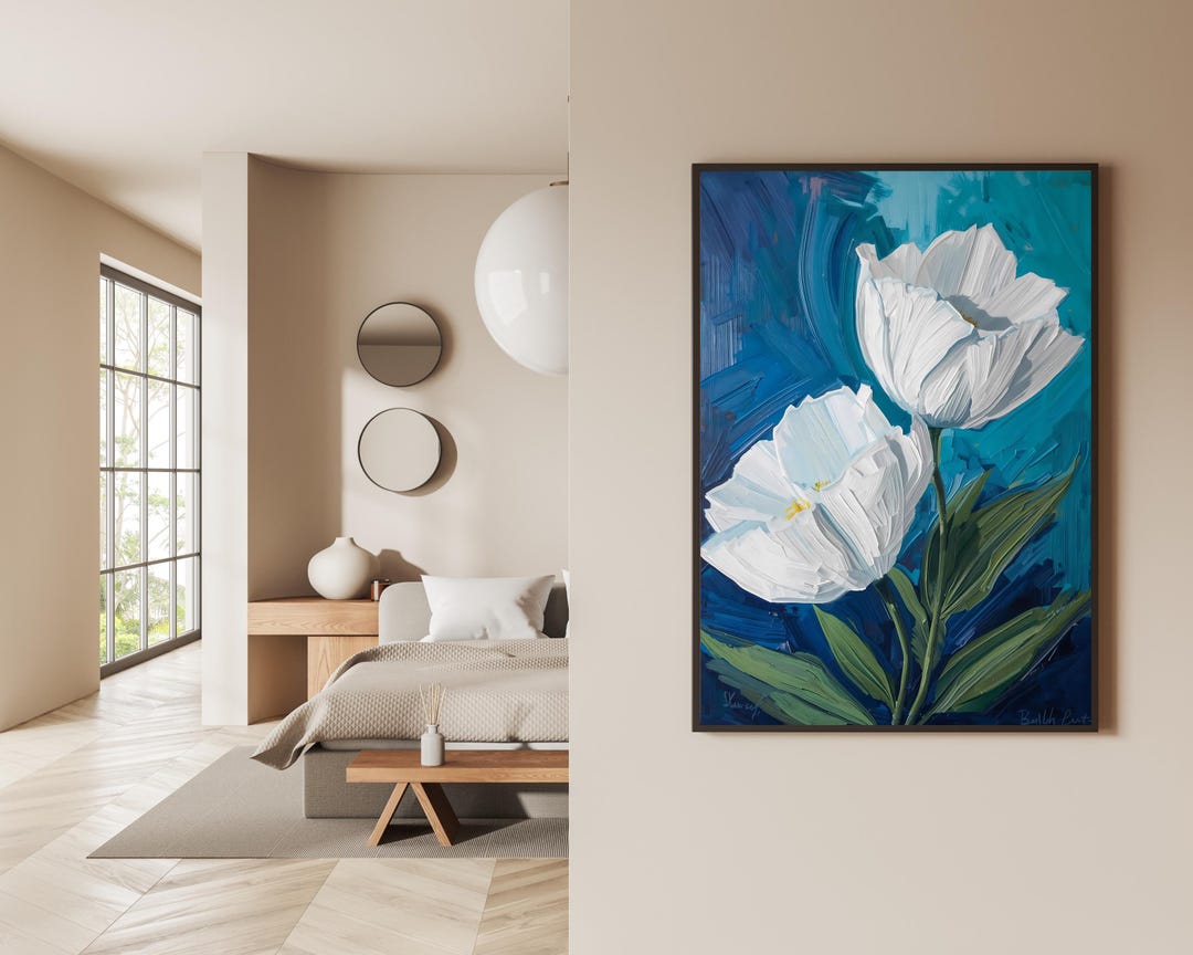 White Tulip Oil Painting – Abstract Floral Impasto Canvas Art (digital ...
