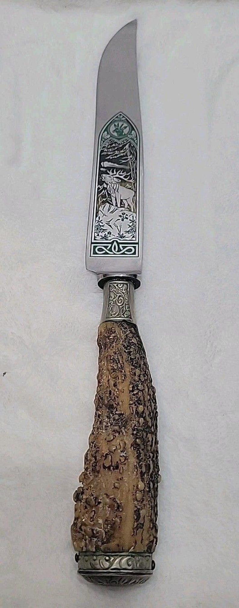 Cuchillo tenedor y afilador de ciervo tallado vintage Hubertus Solingen Alemania imagen 10
