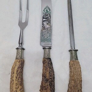 Cuchillo tenedor y afilador de ciervo tallado vintage Hubertus Solingen Alemania imagen 2