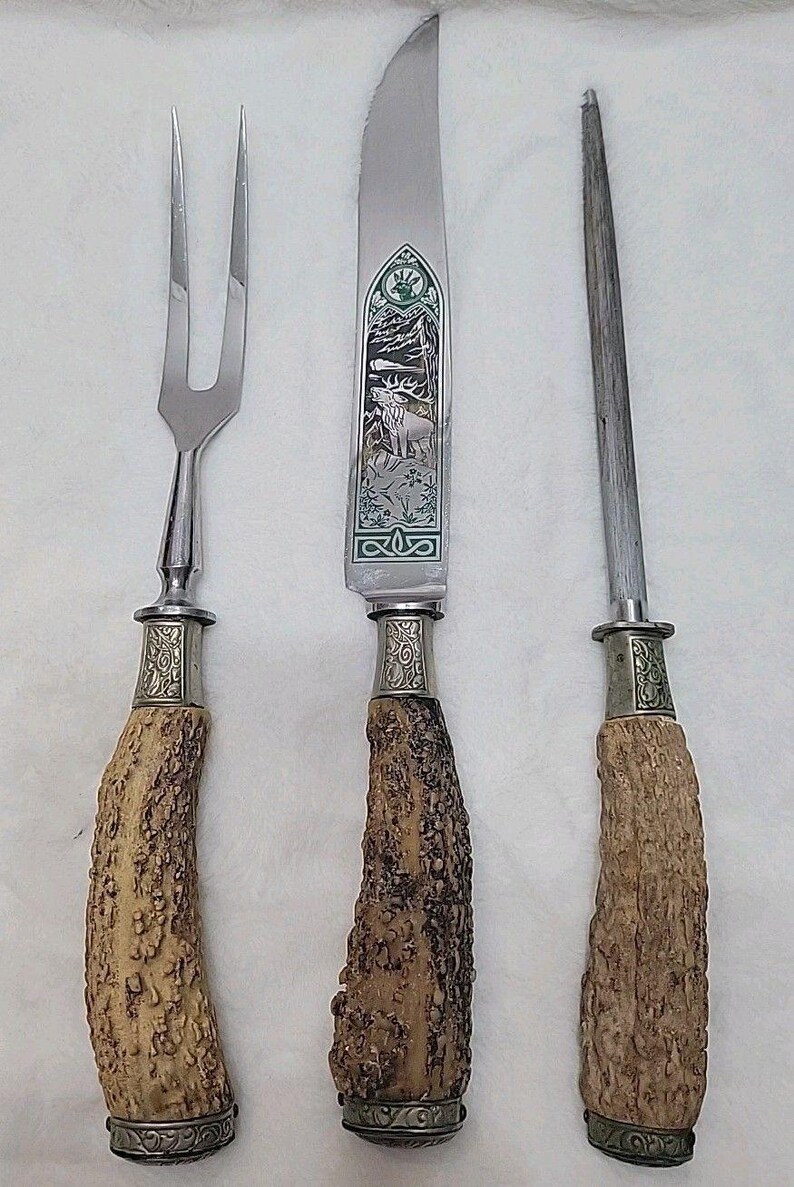 Cuchillo tenedor y afilador de ciervo tallado vintage Hubertus Solingen Alemania imagen 2