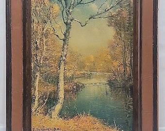 Vintage F. DeHaven N.A. Framed Print Signed Black Carriage House Trout Stream