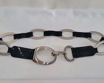 Vintage Sandy Duftler Black Patent Leather & Silver Oval Link Belt Size Sm