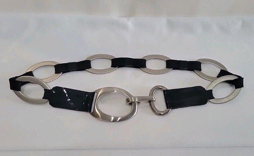 Sandy Duftler Design Black Leather Silver Chain Hip Stretchy Oval  ‘O’ Belt XL Sandy Duftler Belt - Etsy main image 2