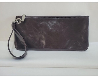 VTG HOBO International Zoe Wristlet Clutch Dark Chocolate Brown Leather Gloss