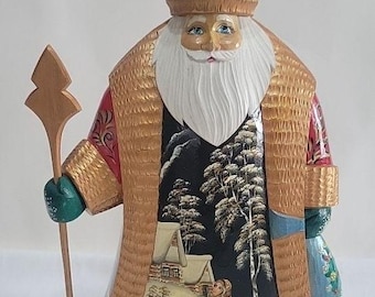 Masterpiece Russian Father Frost 12" Signed Wood Carved Scenic Santa Troika Art