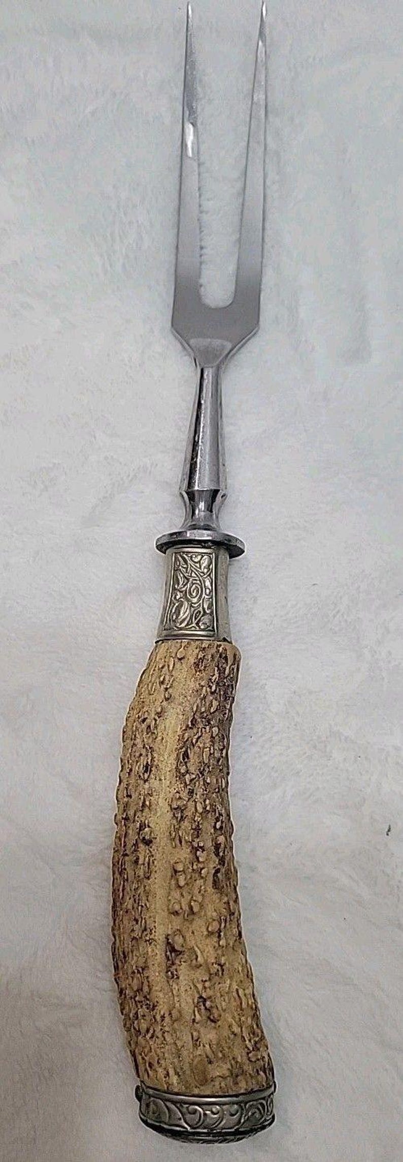 Cuchillo tenedor y afilador de ciervo tallado vintage Hubertus Solingen Alemania imagen 7