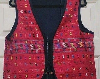 Vtg Tipico Los Chalecos Guatemalan Handwoven Huipil Vest Red Mayan Folk Art OS