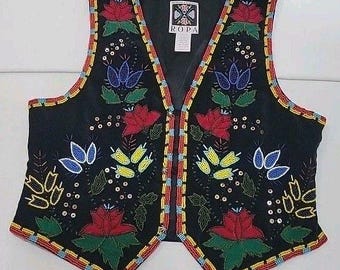 Vtg HAIRSTON Roberson ROPA Fully Beaded Floral Vest Starburst Buttons - S/M READ