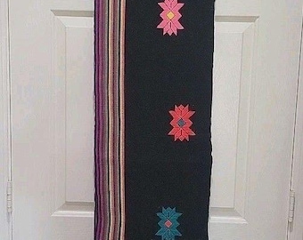 Vtg Guatemalan? Table Runner Handwoven Black Cotton Textile Fringe X-Long 98x13