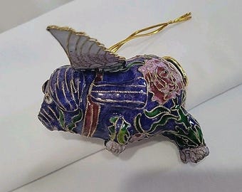 Value Arts Cloisonne Flying Pig Ornament Enamel Blue Purple Rose Original Box