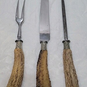 Cuchillo tenedor y afilador de ciervo tallado vintage Hubertus Solingen Alemania imagen 3