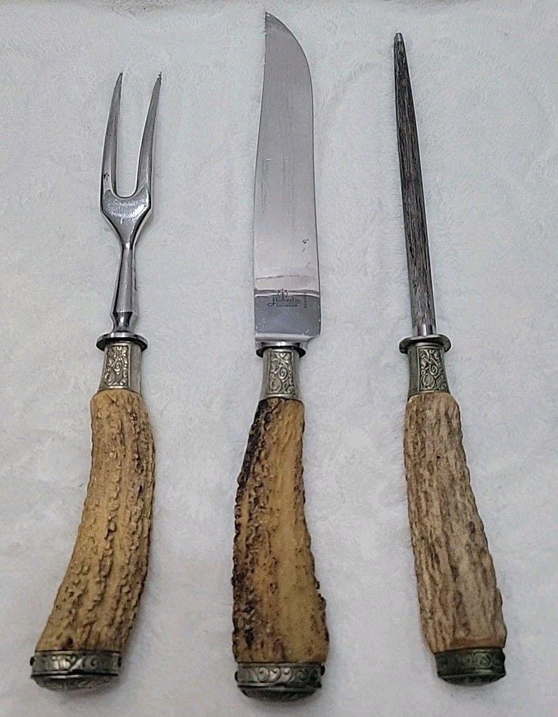 Cuchillo tenedor y afilador de ciervo tallado vintage Hubertus Solingen Alemania imagen 3