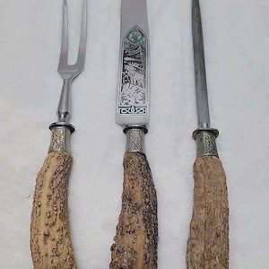 Cuchillo tenedor y afilador de ciervo tallado vintage Hubertus Solingen Alemania imagen 1