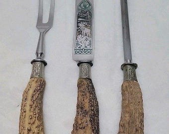 Hubertus Solingen Germany Antler Vintage Carving Stag Knife Fork and Sharpener