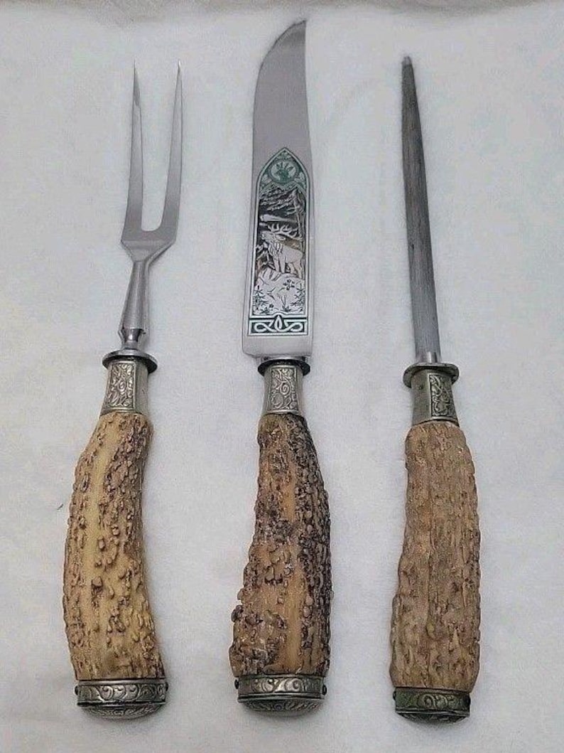 Cuchillo tenedor y afilador de ciervo tallado vintage Hubertus Solingen Alemania imagen 1