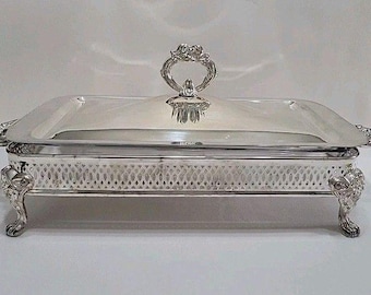 Vintage Silverplate Serving Dish w/Lid & 2 Qt Glass Insert Patina 16 1/2" L