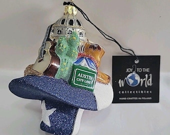 Joy to the World Austin Texas City Limit Glass Christmas Ornament Poland Glitter