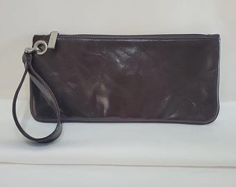 VTG HOBO International Zoe Wristlet Clutch Dark Chocolate Brown Leather Gloss