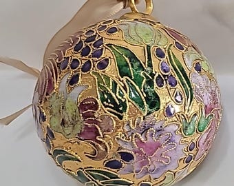 Vintage Cloisonné Enamel Christmas Ball Ornament - 3" Gold Floral Handcrafted