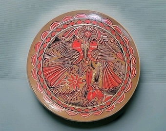 VTG Mexican Tonala Folk Art Plate Hand Painted Bird /Deer Colorful Design 13"