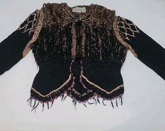 Rare Vintage Flashback Cardigan Sweater Womens MD Knit Black Brown Fuzzy