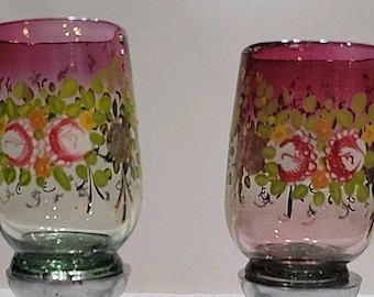 Antique BOHEMIA MOSER ? Cranberry GLASS Gold Hand Blown Painted Enameled Tumblers Pair