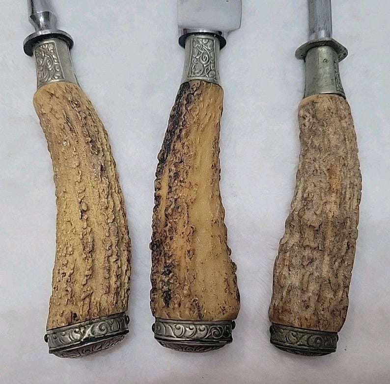 Cuchillo tenedor y afilador de ciervo tallado vintage Hubertus Solingen Alemania imagen 5