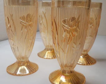 4 VTG Jeanette Iris Herringbone Footed Tumblers Marigold Carnival Glass READ!