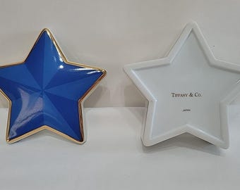 Vintage Tiffany & Co. Cobalt Blue Star Porcelain Trinket Box Gold Trim Japan