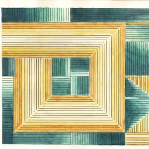 May include: Abstract watercolour painting with geometric shapes. The artwork features a large square frame in shades of yellow and tan, with vertical lines. Sections of teal and green fill the background, creating a layered effect.