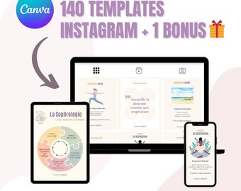 May include: Digital marketing templates for Instagram, displayed on a laptop, tablet, and smartphone. The image includes the Canva logo, text that reads "140 TEMPLATES INSTAGRAM + 1 BONUS", and examples of the templates.