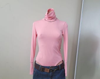 Pastel Pink Ribbed Mock Turtle Neck Fitted Bodysuit (S)