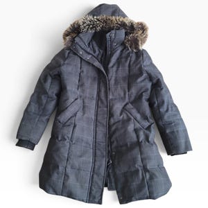 Nuage Women's Vintage Charcoal Grey Plaid Down Faux Fur Puffer Parka Jacket (OS)