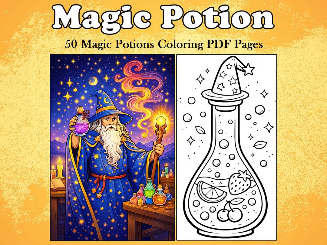 50 Magic Potion Coloring Book - Adult Coloring Pages, Grayscale ...