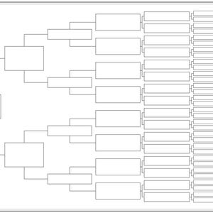 May include: A blank tournament bracket template featuring a single starting box on the left that branches out into a series of interconnected rectangular fields, organized in a standard single-elimination structure with thirty-two final slots.
