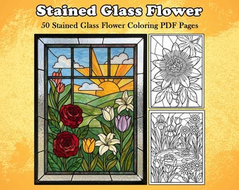 Stained Glass Flower Coloring Book | Floral Window Art Printable | Beautiful Flower Coloring Pages