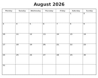 August 2026 Calendar Printable, Editable Monthly Planner, Sunday/Monday Start (Clutter Free PDF Download)